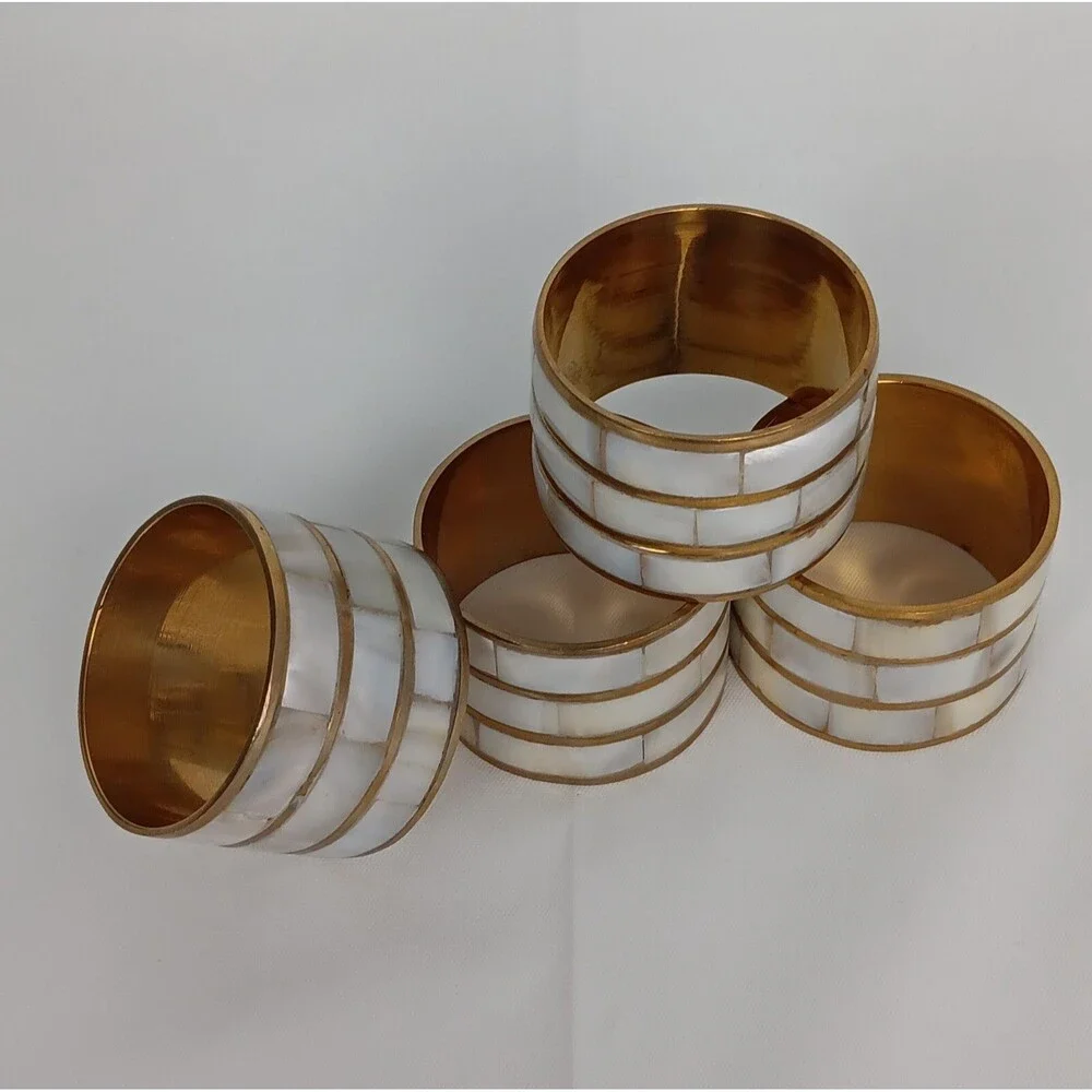 4 Mother of Pearl Napkin Ring Holders Brass Boho Seaside Table Setting